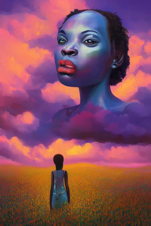 Image similar to closeup, giant flower as head, african woman in heather field, surreal photography, golden hour, colorful clouds, impressionist painting, digital painting, artstation, simon stalenhag