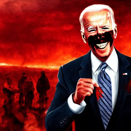 Image similar to joe biden smiling with blood in his face while behind him the world is burning, dramatic lighting, cinematic, establishing shot, extremly high detail, photorealistic, cinematic lighting, artstation, style by James Gurney