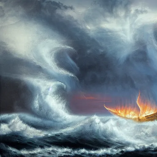 Prompt: burning ocean, storm, dramatic sky, waves, dark, flame, pirate sail ship, hyperrealistic, highly detailed, fractal,