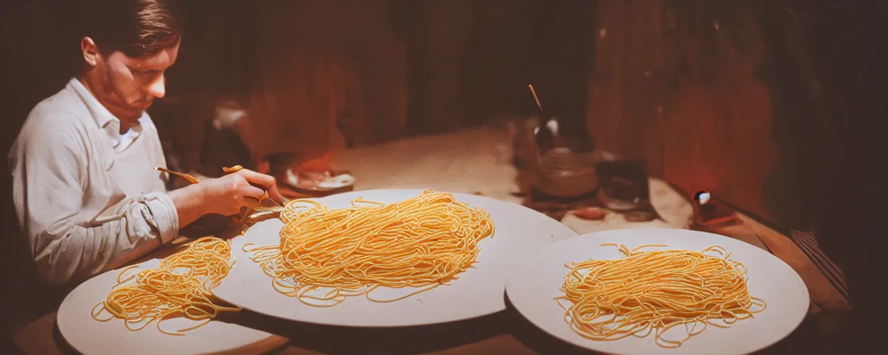 Image similar to an artist painting a portrait with spaghetti, canon 5 0 mm, cinematic lighting, photography, retro, film, kodachrome, closeup