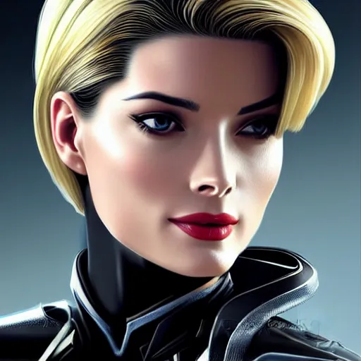 Prompt: A combination of Grace Kelly's and Ada Wong's and Ashley Greene's appearances with blonde hair wearing Interceptor's armor from Anthem, high tech, action shot, angular, full body portrait, futuristic, dramatic, fantasy, intricate, elegant, highly detailed, artstation, matte, sharp focus, 8K, art by Artgerm and Greg Rutkowski and Alphonse Mucha