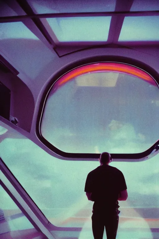 Image similar to agfa vista 4 0 0 photograph of a guy in a spaceship looking out a window into space, back view, synth vibe, vaporwave colors, lens flare, moody lighting, moody vibe, telephoto, 9 0 s vibe, blurry background, grain, tranquil, calm, faded!,