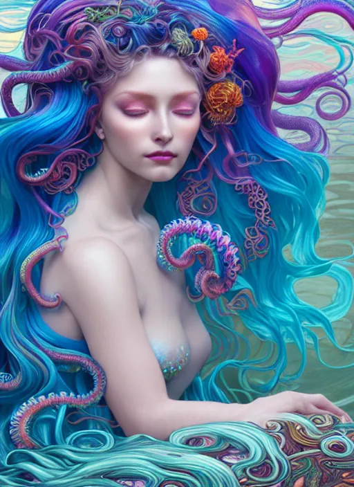 Prompt: a photorealistic detailed image of a beautiful vibrant iridescent sea goddess with colorful flowing tentacles hair, detailed, intricate, elegant, highly detailed, digital painting, artstation, concept art, smooth, sharp focus, illustration, art by hana yata, artem demura, alphonse mucha, octane render, unreal engine, 8 k