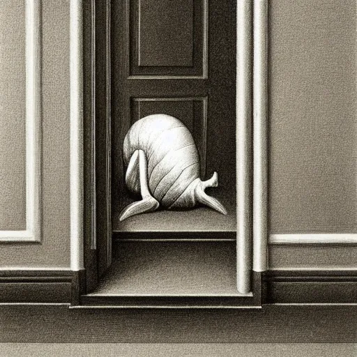 Image similar to snails on the stairs and door in style of vilhelm hammershoi, botanical illustration