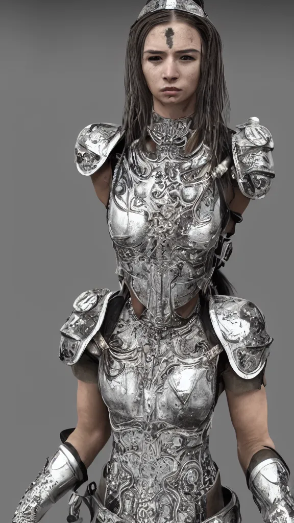 Image similar to exotic female athletic warrior wearing silver ornate detailed armour, transparent plastic clothing, dirt and sweat on body, elegant face, smudged running makeup, haute couture, regal, straps belts and harnesses, urban style, unreal engine, bloom, cinematic camera,