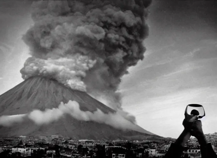 Image similar to old photo of average greeks drink wine and have fun against the backdrop of mount vesuvius starting to erupt by sebastian salgado, fisheye 1 6 mm, diffused backlight