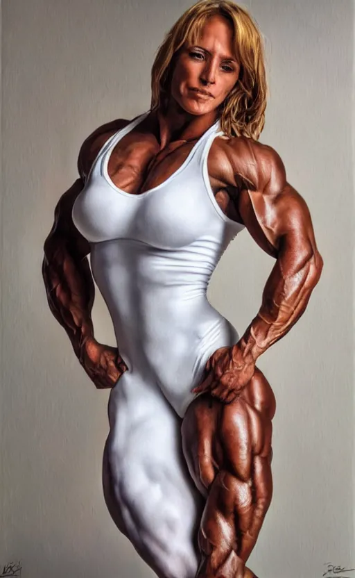 Image similar to realistic colorful photo portreit of extremely beautiful bodybuilder woman posing in white peignoir, full leight, ultra rendered extreme realism and detail, 8 k, highly detailed, realistic, photorealistic,