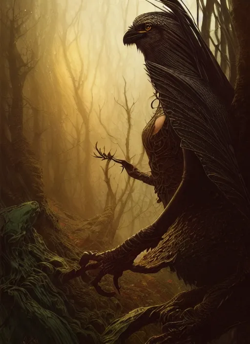 Image similar to book cover, award winning, dark crow, fantasy forest landscape, dragon scales, fantasy magic, dark golden light night, intricate, elegant, sharp focus, illustration, highly detailed, digital painting, concept art, matte, art by WLOP and Artgerm and Greg Rutkowski and Alphonse Mucha, masterpiece