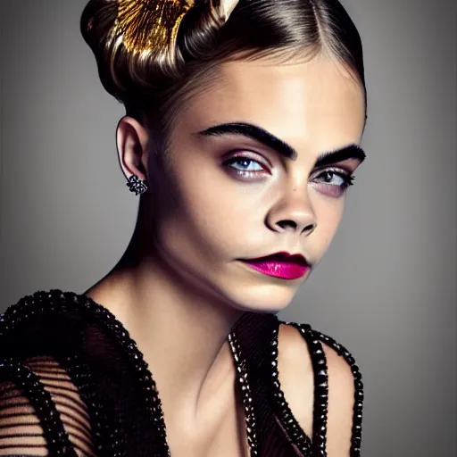 Prompt: portrait of beautiful cara delevingne with a 1 9 2 0 s hairstyle by mario testino, headshot, detailed, award winning, sony a 7 r