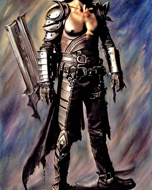 Prompt: portrait of a skinny punk keanu reeves wearing armor by simon bisley, john blance, frank frazetta, fantasy, thief warrior