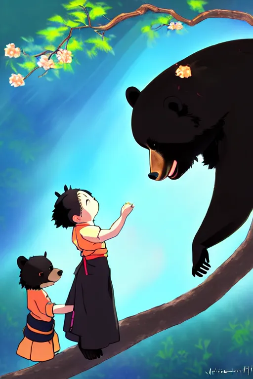 Prompt: digital painting of an anthropomorphic asian black bear, lifting up a small girl wearing a kimono, to pick a golden peach from a branch above their heads. fantasy. rays of sunlight from above. artstation. deviantart. in the style studio ghibli and top ten fantasy artists