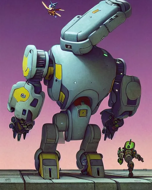 Image similar to bastion the friendly robot from overwatch, with his pet bird, character portrait, portrait, close up, concept art, intricate details, highly detailed, vintage sci - fi poster, retro future, in the style of chris foss, rodger dean, moebius, michael whelan, katsuhiro otomo, and gustave dore