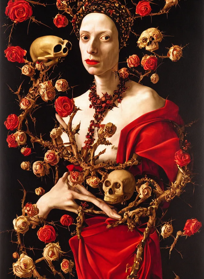 Image similar to portrait of a woman with a golden skull instead of a head, a wreath of thorns, a dress of bones and roses, horns, snakes, smoke, flames, full-length, oil painting in a renaissance style , very detailed, red background, painted by Caravaggio.