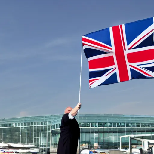 Prompt: fat middle aged british man waving british flag in heathrow airport