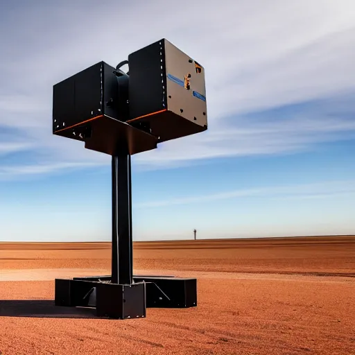 Prompt: flying industrial 3d printer with giant extrusion nozzle in the australian desert, XF IQ4, 150MP, 50mm, F1.4, ISO 200, 1/160s, dawn