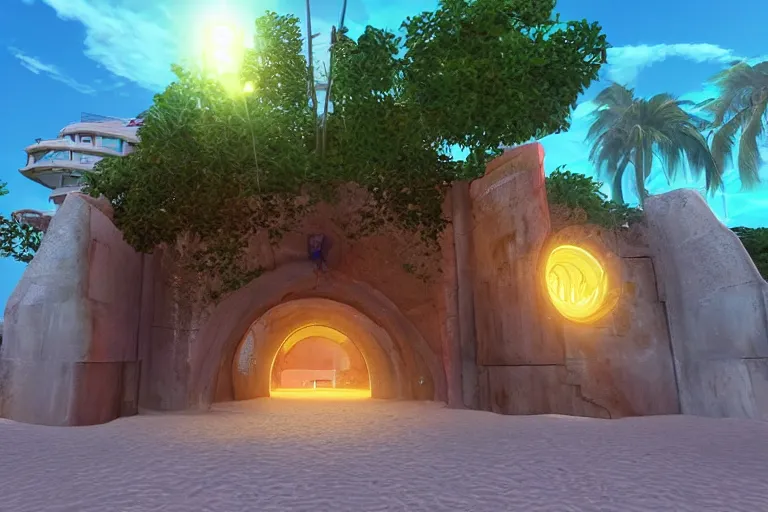 Image similar to a magical glowing portal in the middle of a city that leads to a beach, through the portal you can see a beach, portal game, realistic