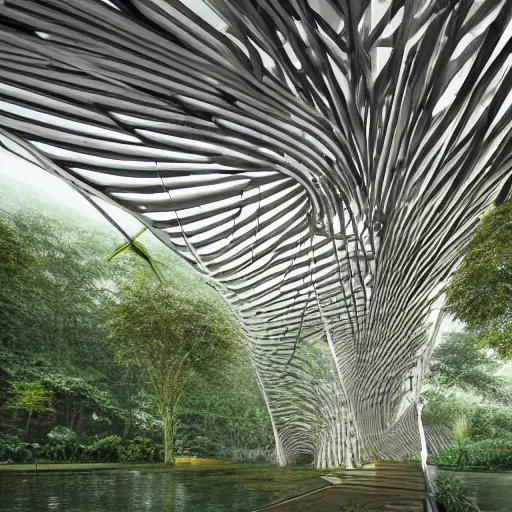 Image similar to timber megastructure in the middle of the jungle, parametric architecture, concept art, behance