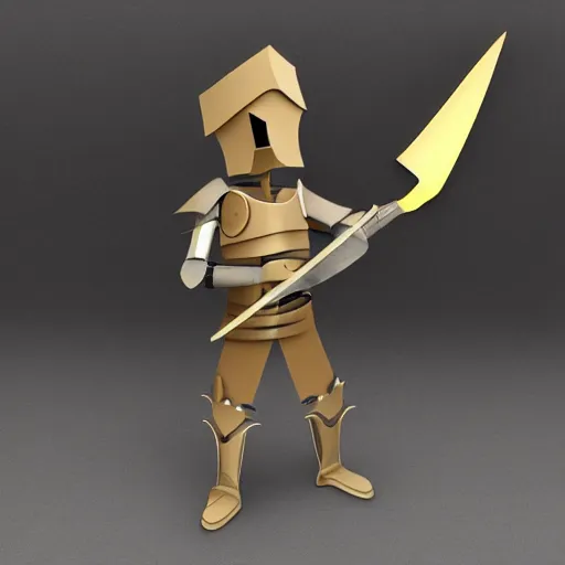 Image similar to cardboard boxman with cardboard armor, wielding a sword inside a kitchen