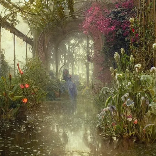 Image similar to a beautifull intricate garden, reflexions, raindrops, high details by william turner art, greg rutkowski and alphonse mucha, trending on artstation, very very detailed, masterpiece,