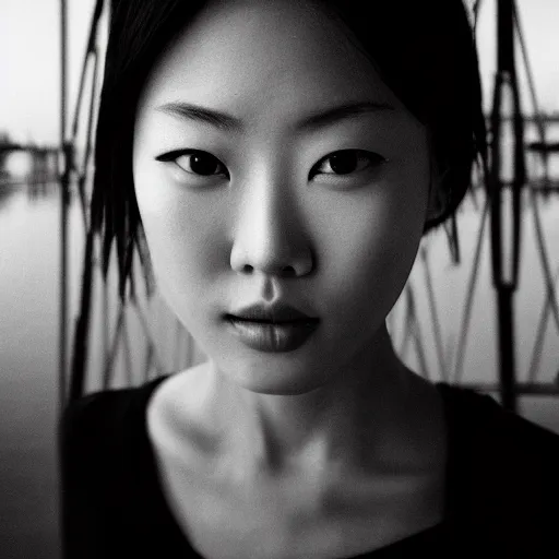 Prompt: black and white photo full shot of beautiful Japanese women with perfect eyes and simetrical face, standing on the bridge at night, shot by Akira Kurosawa perfect cinematic light, 8k, highl details, sharp focus