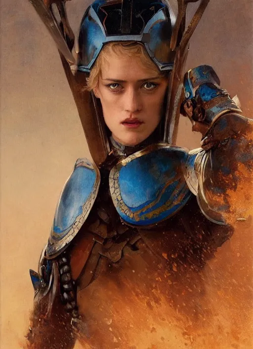 Image similar to mackenzie davis blue eyed, femenine woman, wearing armour, detailed by gaston bussiere, bayard wu, greg rutkowski, maxim verehin, greg rutkowski, masterpiece, sharp focus, cinematic lightning