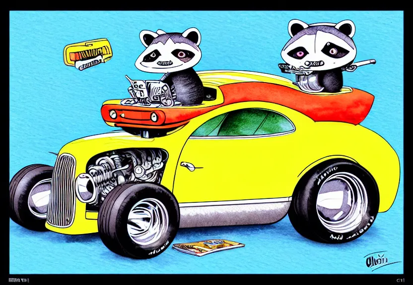 Image similar to cute and funny, racoon riding in a tiny hot rod coupe with oversized engine, ratfink style by ed roth, centered award winning watercolor pen illustration, isometric illustration by chihiro iwasaki, edited by range murata