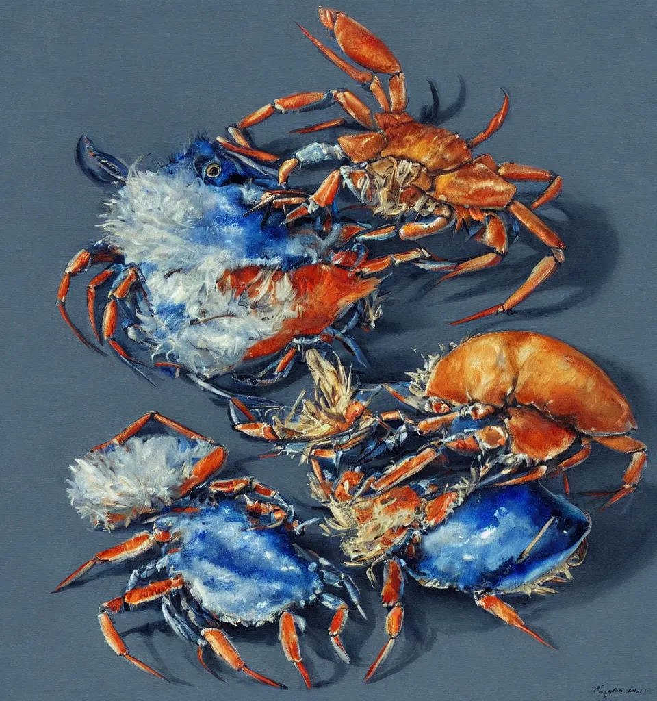 Prompt: still life painting of a blue fat fish crab lobster dancing with a laughing duck rabbit on a white table, high contrast lighting, impressionism, real fur, real feather