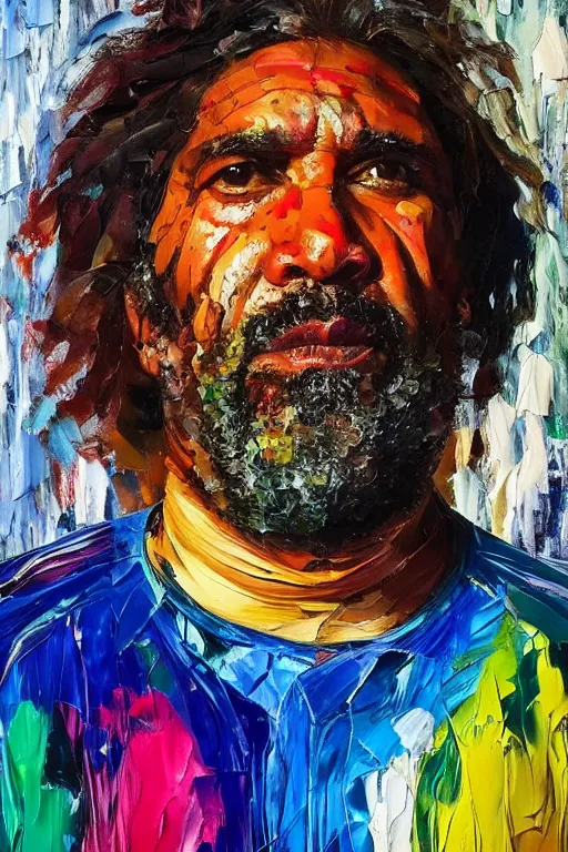 Prompt: palette knife oil painting portrait of a middle aged, athletic, lean, aboriginal australian hipster, open shirt, body paint, psychedelic, nightclub, artstation trending, artgerm, any racial background, deviant art, hipster, octane, substance, art history 8 k