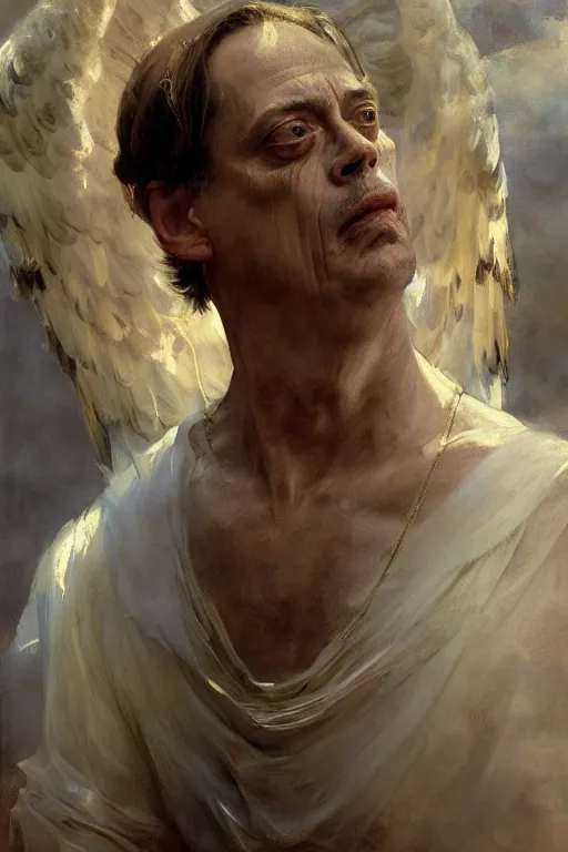 Image similar to beautiful detailed expressive impressionistic oil painting portrait of ancient roman god emperor steve buscemi levitating in angelic pose wearing the civic crown, art by anders zorn, wonderful masterpiece by greg rutkowski, expressive brush strokes, beautiful cinematic light, american romanticism by greg manchess, jessica rossier