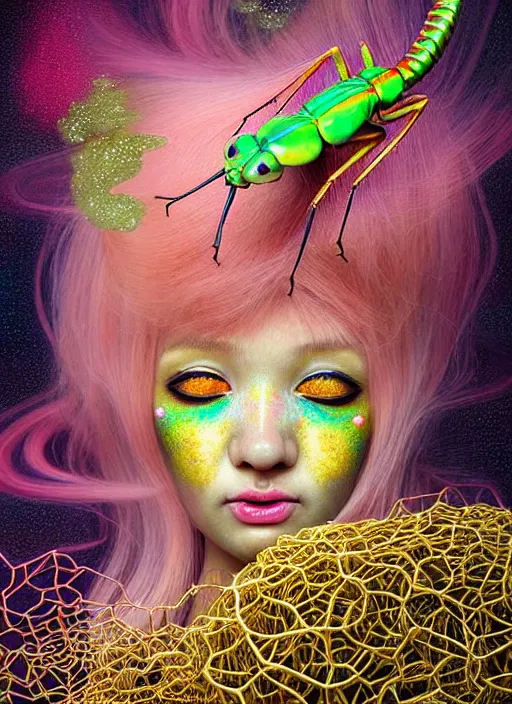Prompt: hyper detailed 3d render like a Oil painting - kawaii portrait Aurora (gold haired Singer Praying Mantis Dragonfly faced) seen Eating of the Strangling network of yellowcake aerochrome and milky Fruit and Her compund eyes delicate Hands hold of gossamer polyp blossoms bring iridescent fungal flowers whose spores black the foolish stars by Jacek Yerka, Mariusz Lewandowski, Houdini algorithmic generative render, Abstract brush strokes, Masterpiece, Edward Hopper and James Gilleard, Zdzislaw Beksinski, Mark Ryden, Wolfgang Lettl, hints of Yayoi Kasuma, octane render, 8k