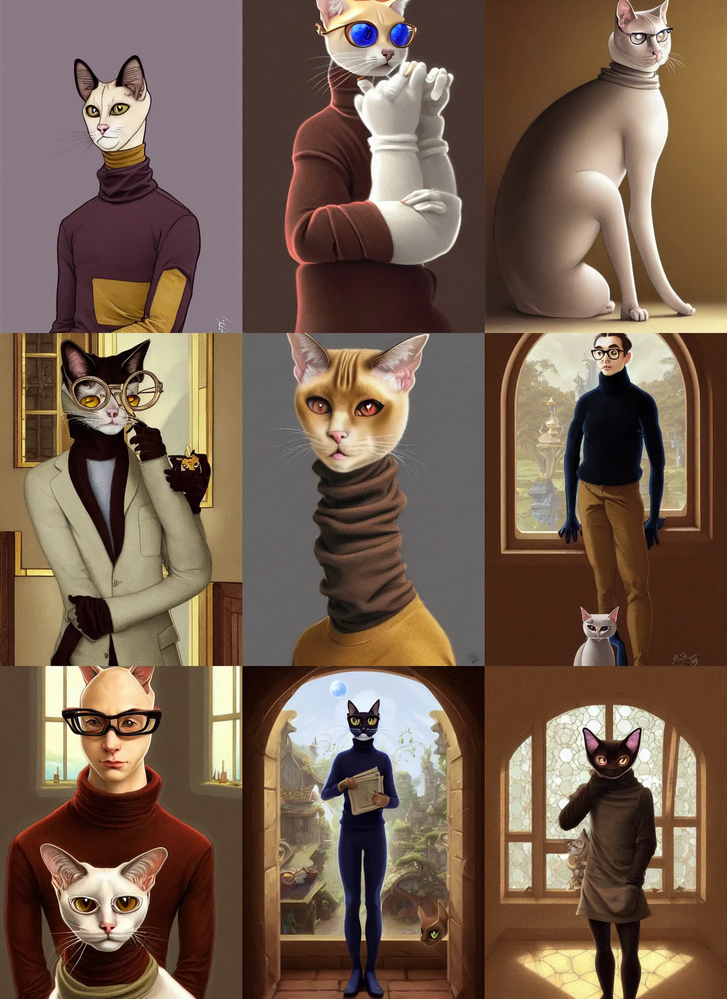 Prompt: full body photograph of a male anthropomorphic siamese cat fursona wearing a turtleneck and eyeglasses in a manor, deep focus, intricate, elegant, highly detailed, digital painting, artstation, concept art, matte, sharp focus, illustration, d & d, fantasy, hearthstone, art by artgerm and greg rutkowski and alphonse mucha