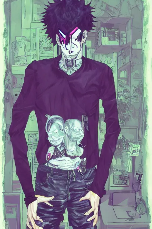 Prompt: a skinny goth guy wearing a face mask standing in a cluttered 9 0 s bedroom, full body character concept art, vaporwave colors, hirohiko araki art, inio asano art,