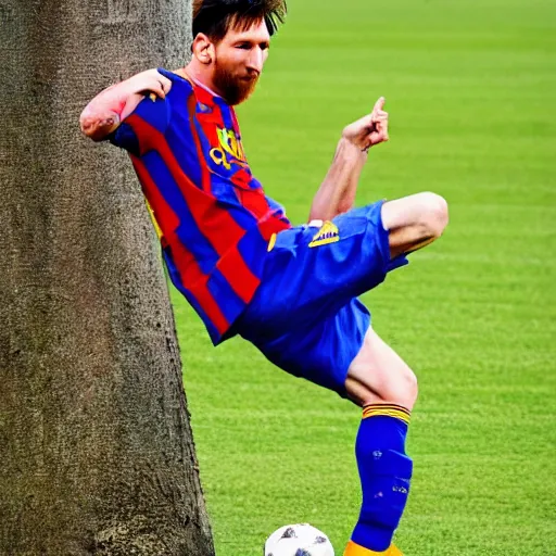 Prompt: Leo Messi kicks a coconut up the tree