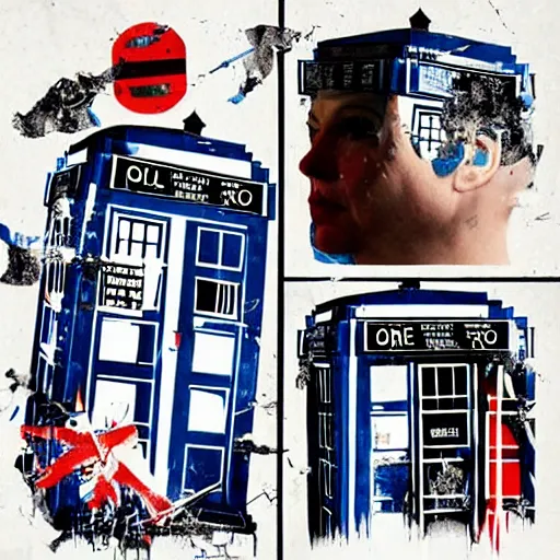 Prompt: collage of the TARDIS from Doctor Who by Sandra Chevrier