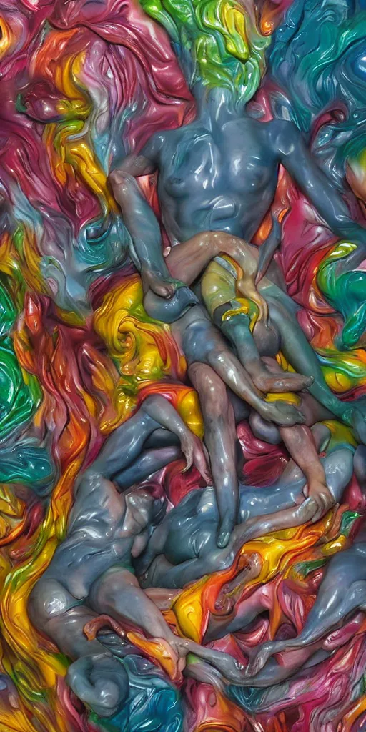 Prompt: closeup photograph of a surrealist sculpture human bodies intertwined, a lovely cornucopia of flowers and human body parts, body parts, paint pour, swirling paint, muted color palette, skin tones, highly detailed, octane render, cinematic