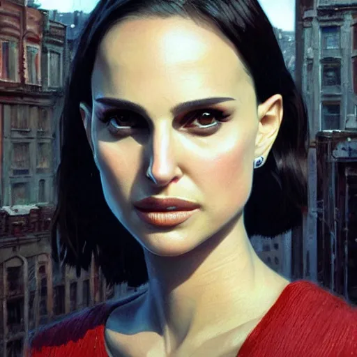 Image similar to closeup portrait of natalie portman from the movie leon the professional, matilda, hitman, city background, dramatic light, gorgeous view, depth, high detail, digital art, painted by greg rutkowski and seb mckinnon, by tim burton, trending on artstation