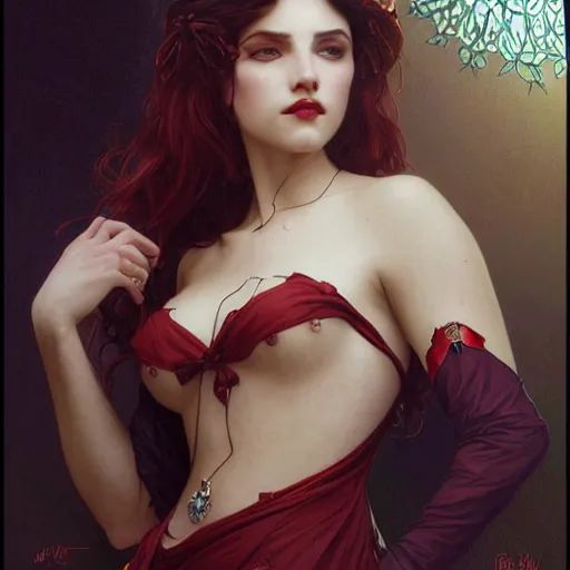 Prompt: portrait of a sexy female vampyre, intricate, elegant, art nouveau, highly detailed, digital painting, artstation, concept art, smooth, sharp focus, illustration, art by artgerm and greg rutkowski and alphonse mucha and william - adolphe bouguereau