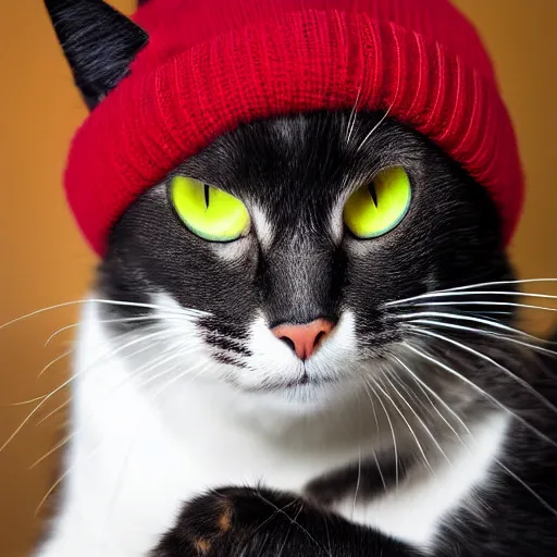 Image similar to A photo of a cat with red eyes smoking weed and wearing a beanie