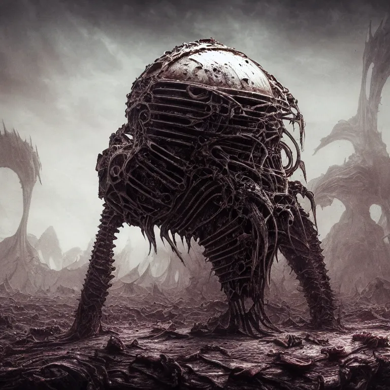 Image similar to ribbed abandoned biomechanical organic crashed spaceship Sauron armor on exoplanet in a desolate empty wasteland, covered with organic flesh, meat, creepy, nightmare, dream-like heavy atmosphere, surreal abandoned buildings, baroque painting, beautiful detailed intricate insanely detailed octane render trending on Artstation, 8K artistic photography, photorealistic, chiaroscuro, cinematic volumetric light, Raphael, Caravaggio, Beksinski, Giger