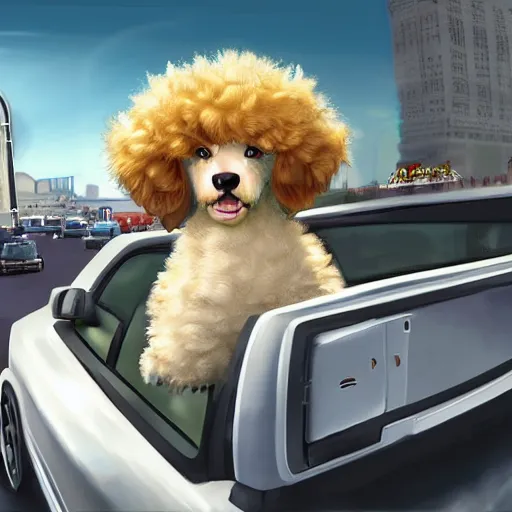 Image similar to fluffy poodle [ [ sticking its head out of the window ] ]!!, driving a cybertruck in las vegas, [ digital art ]!!, trending on cgsociety