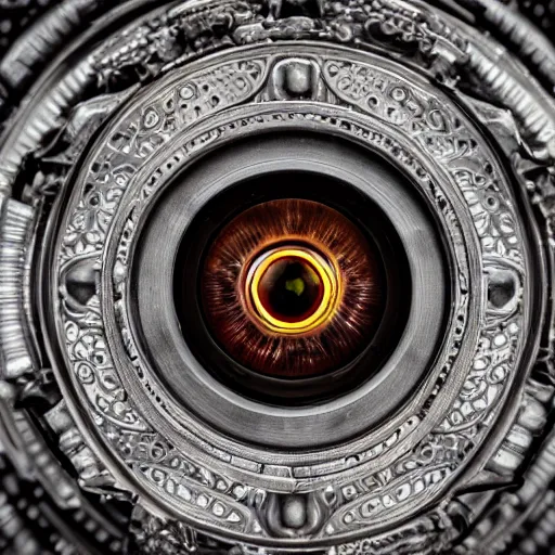 Image similar to a macro photo of a mechanical eye, close - up, intricate details, intricate gears and lenses, intricately detailed engravings, intricately detailed markings, intricate textures, warm lighting, vivid colors, realistic octane render, hyper realistic render, volumetric shading, depth of field, raytracing, 8 k,