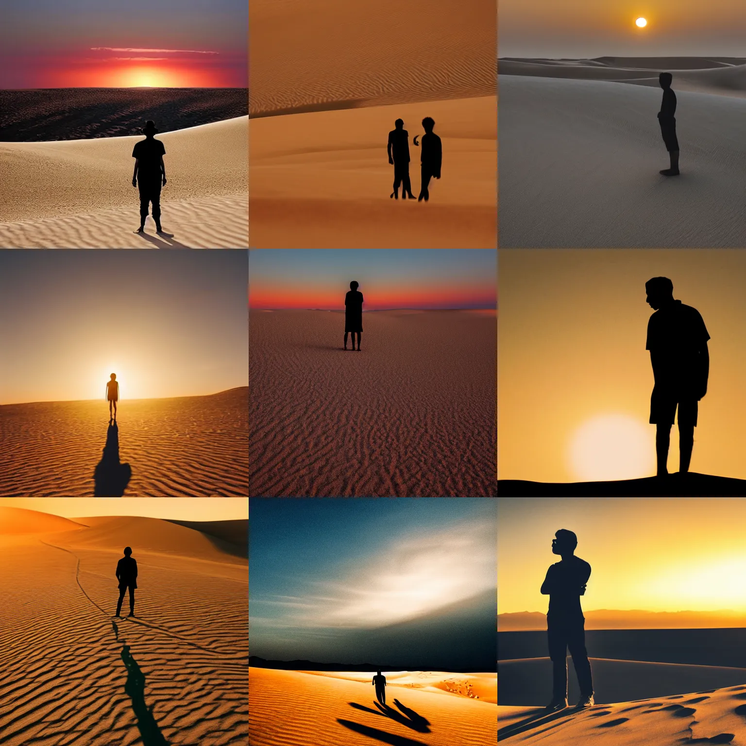 Prompt: a silhouette of a single person standing alone in the desert with the sunset and sand dunes behind them