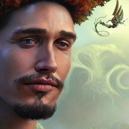 Image similar to closeup portrait shot of james franco as king oberon, fairy wings, lord of beasts, highly detailed, digital painting, artstation, concept art, soft focus, depth of field, artgerm, tomasz alen kopera, peter mohrbacher, donato giancola, wlop, boris vallejo