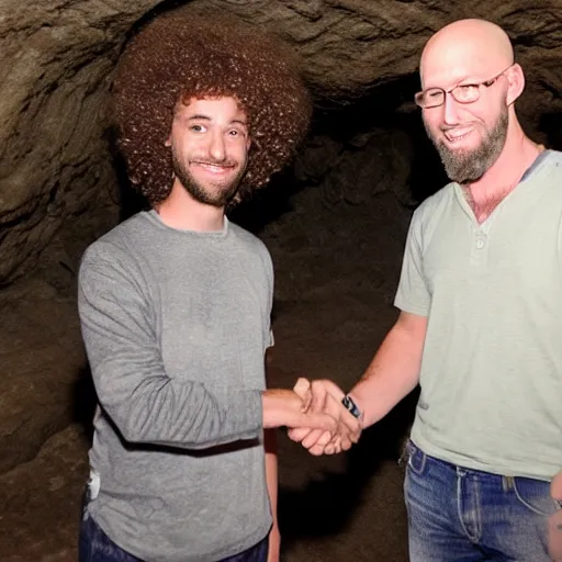 Prompt: jd beck shaking hands with a curly haired drummer in a cave
