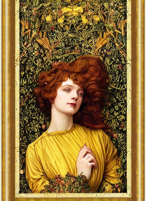 Image similar to masterpiece beautiful seductive flowing curves pose preraphaelite portrait photography, extreme closeup shot, straight bangs, thick set features, yellow ochre ornate medieval dress, amongst foliage mushroom forest arch, circle, william morris and kilian eng and mucha, framed, 4 k