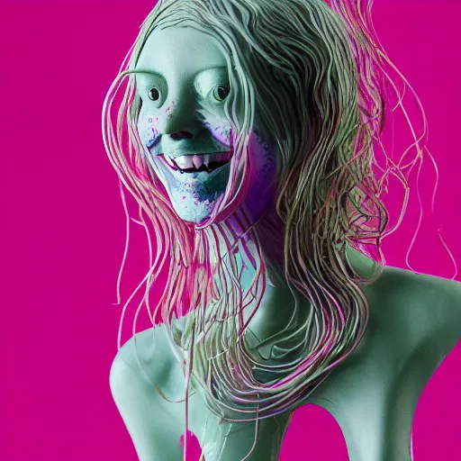 Prompt: fake smiles cover art future bass girl un wrapped statue bust curls of hair petite lush fucked up mouth fake smiles front view body droplet vibrant branch futuristic fabric only white teeth huge grin going out of face skin jellyfish fungi material style of Jonathan Zawada, Thisset colours simple background objective