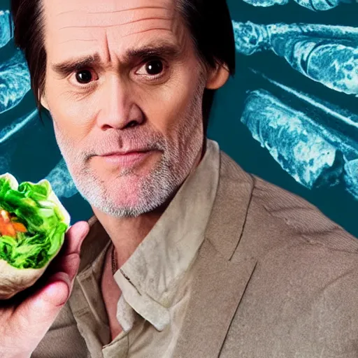 Image similar to photo of jim carrey's head inside of a burrito