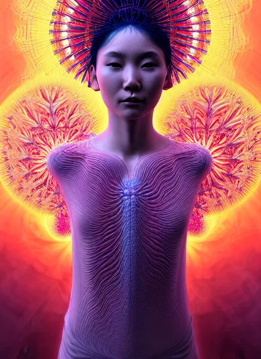 Prompt: ridiculously beautiful young asian woman tripping by irakli nadar, several layers of 3 d coral and light fractals radiating from body with sacred geometry, epic orgasm, cosmic, natural, awakening, symmetrical, in the style of ernst haeckel and alex grey, effervescent, warm, photo realistic, epic and cinematic