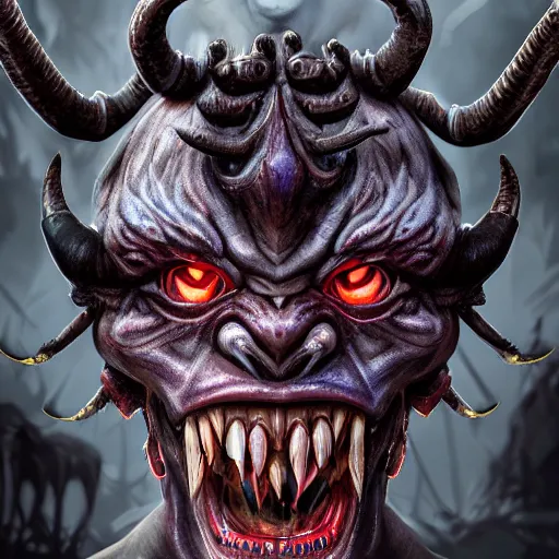 Prompt: an oni with long horns coming out of his forehead, 8K resolution, digital art, eldritch, hyper realistic, intricately detailed, Trending on Artstation