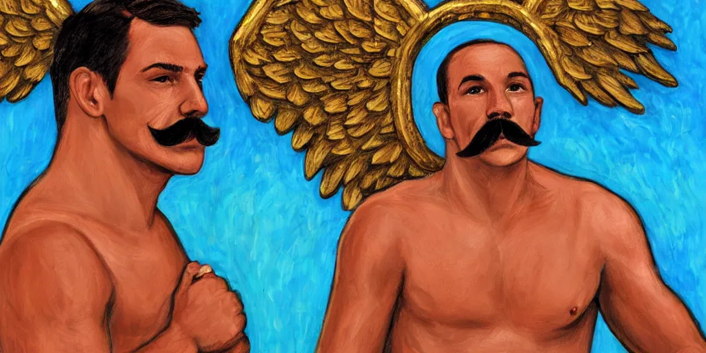 Image similar to a boxer with angel wings, a halo and a mustache by joshua raphael